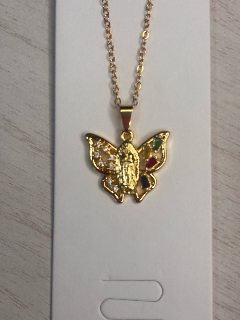 Gold Tone Butterfly Pendant Necklace w/ Religious Figure | Faith Jewelry